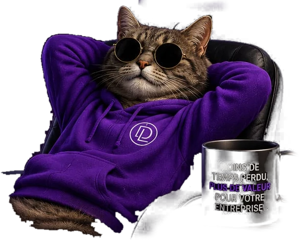 La mascotte Libradev, détendue dans son fauteuil, tient un mug : « Moins de temps perdu, plus de valeur pour votre entreprise ».
