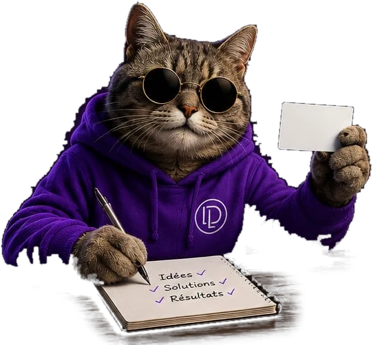 La mascotte Libradev note sa méthode sur un carnet : Idées, Solutions, Résultats.