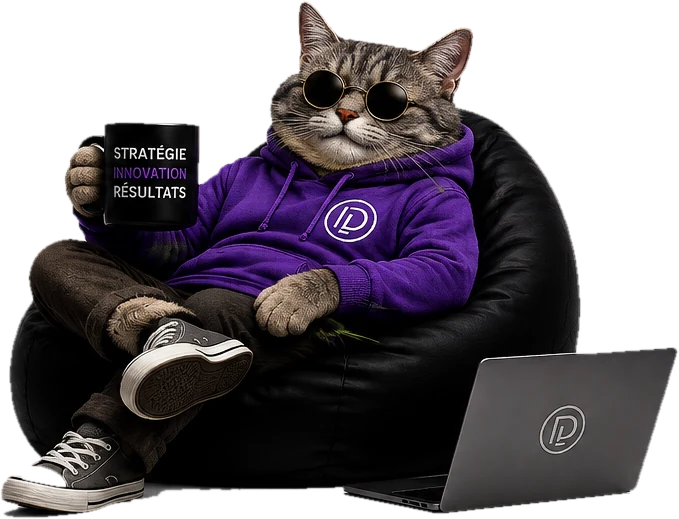 La mascotte Libradev, installée dans un pouf, tient un mug : stratégie, innovation, résultats.