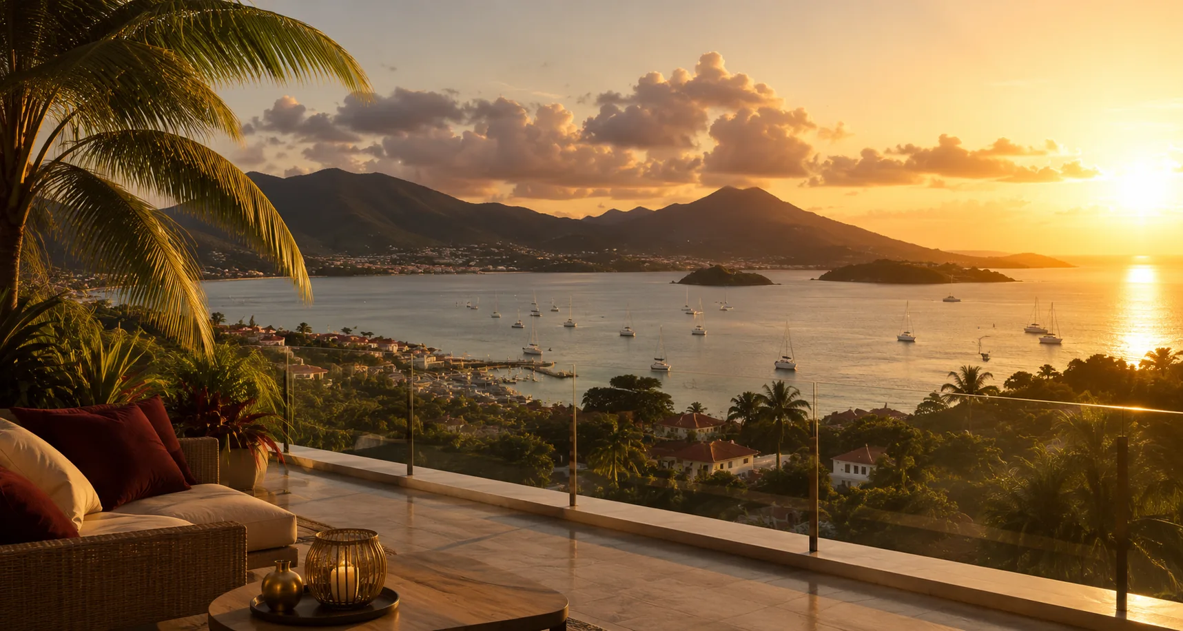 Visuel d'accueil du site MNG : terrasse d'une villa surplombant une baie au coucher du soleil.