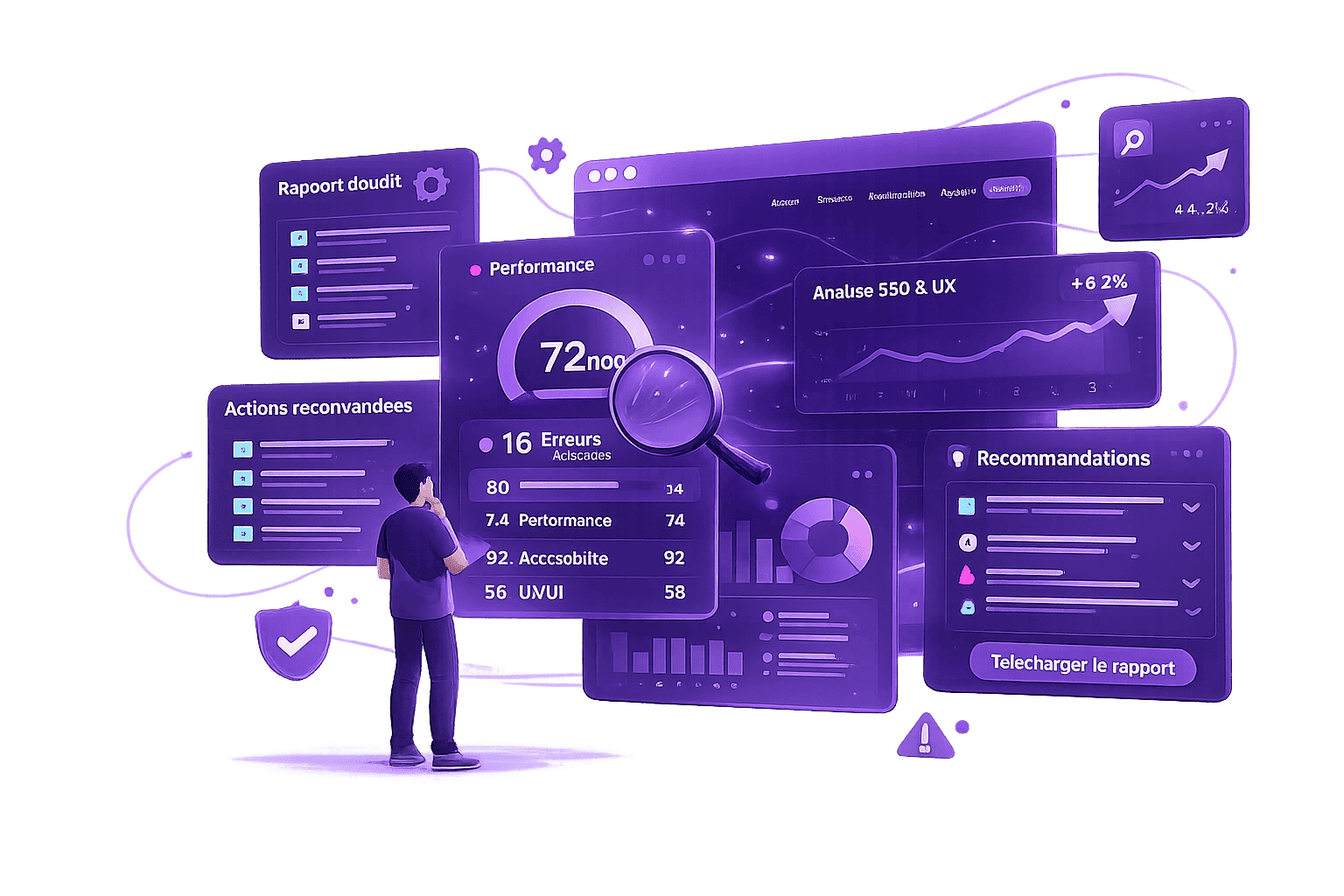 Illustration LibraDev : une personne face à un tableau de bord d'audit — score de performance sur 100, erreurs relevées, courbe SEO et UX — entourée d'un rapport d'audit, d'une liste d'actions recommandées et d'un panneau de recommandations téléchargeable.