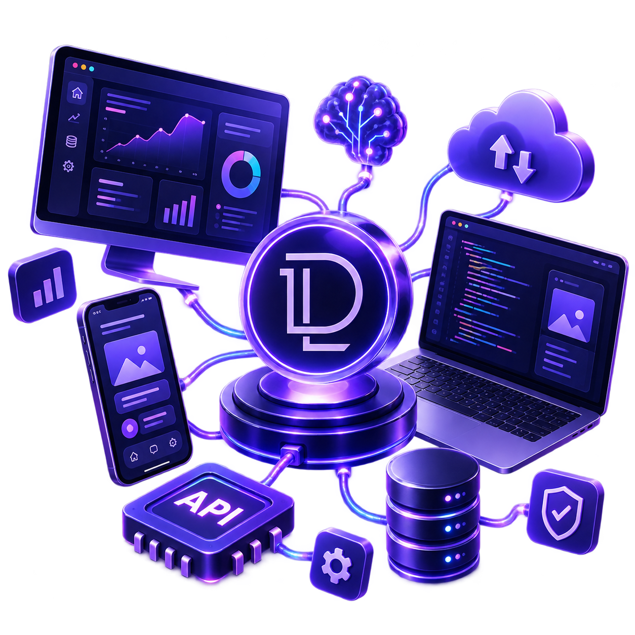 Illustration LibraDev : le monogramme LibraDev posé sur un socle lumineux au centre, relié par des pistes de circuit à un éditeur de code, une application mobile, un tableau de bord d'analyse, un ordinateur portable, une base de données, une puce API, ainsi qu'à des icônes d'intelligence artificielle et de cloud.
